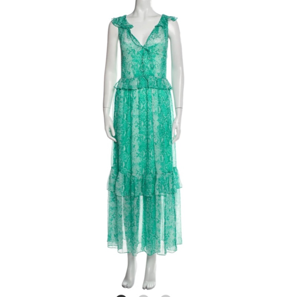 NWOT Green Snake Print DVF Ruffle Peasant Maxi Dress sz S